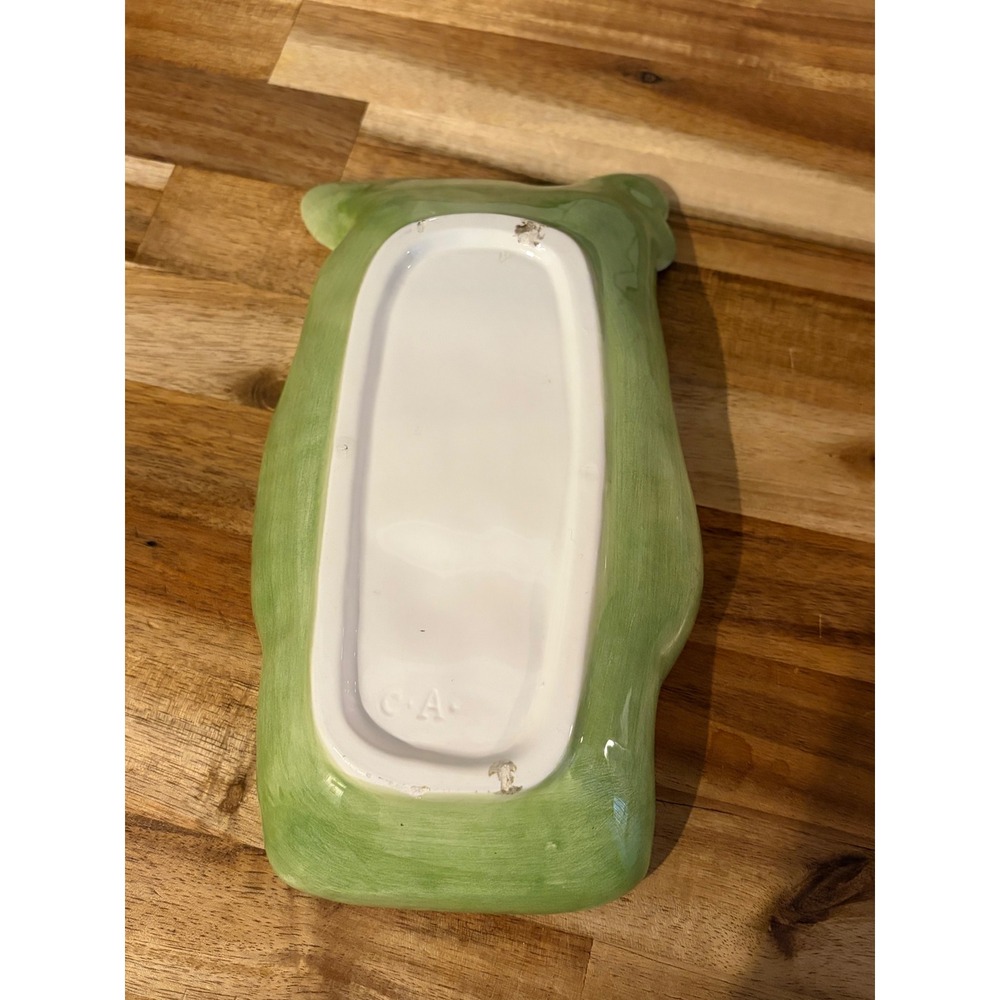 Vintage Golf Bag Ceramic Trinket Dish Hand Painted Green Orange Catchall Tray - Picture 6 of 6